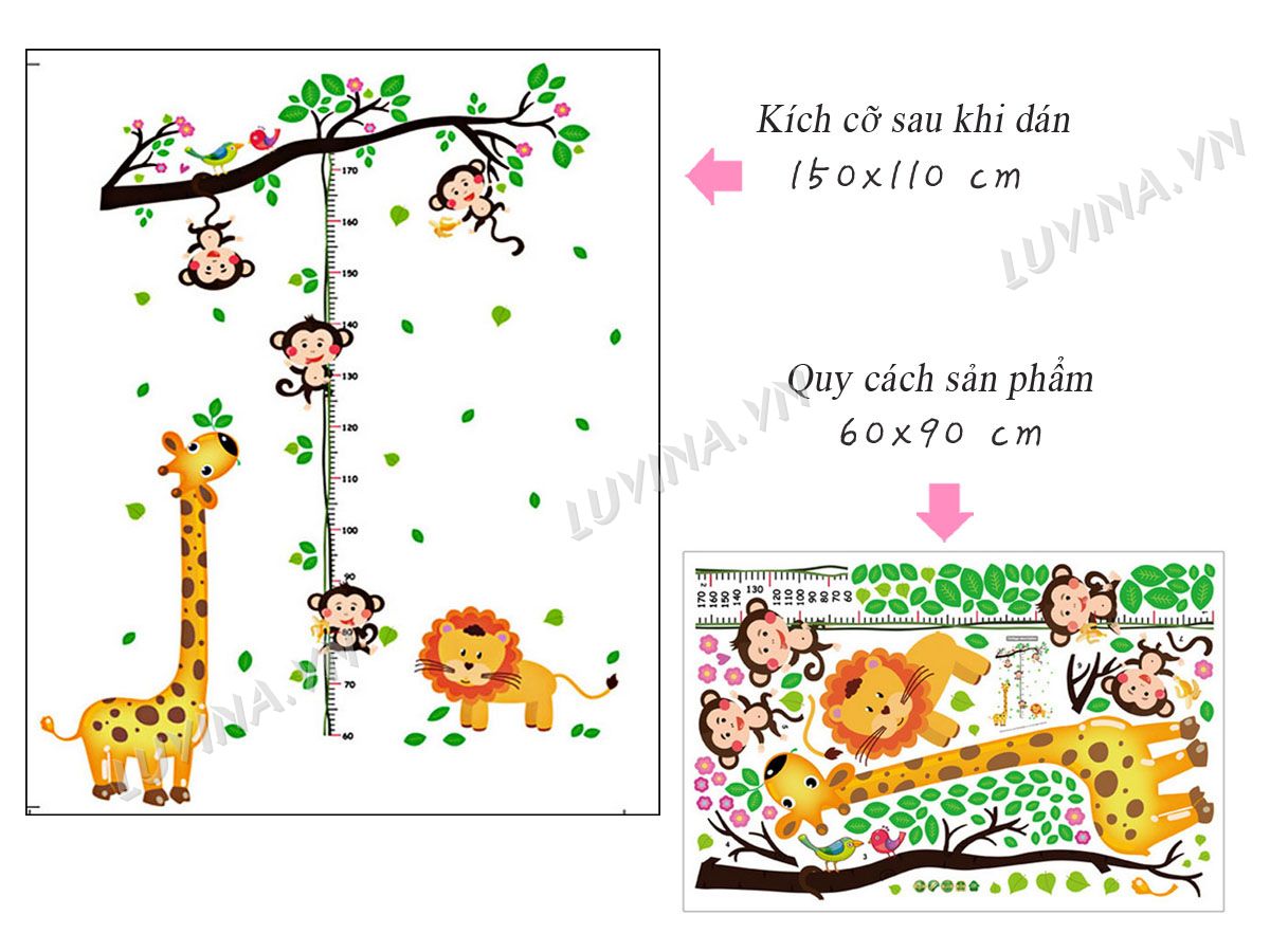 [HCM]Decal dán tường thước đo hươu và khỉ
