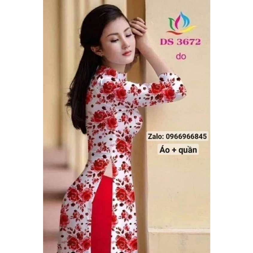 Áo dài in 3d hoa đỏ - áo dài đan linh