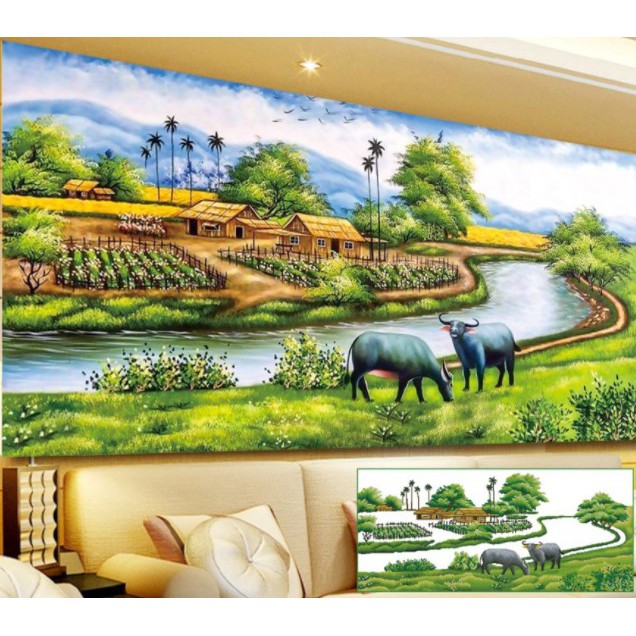 tranh đính đá phong cảnh đồng quê Hồn Quê y8096 (150×70) y8095 (120X60)