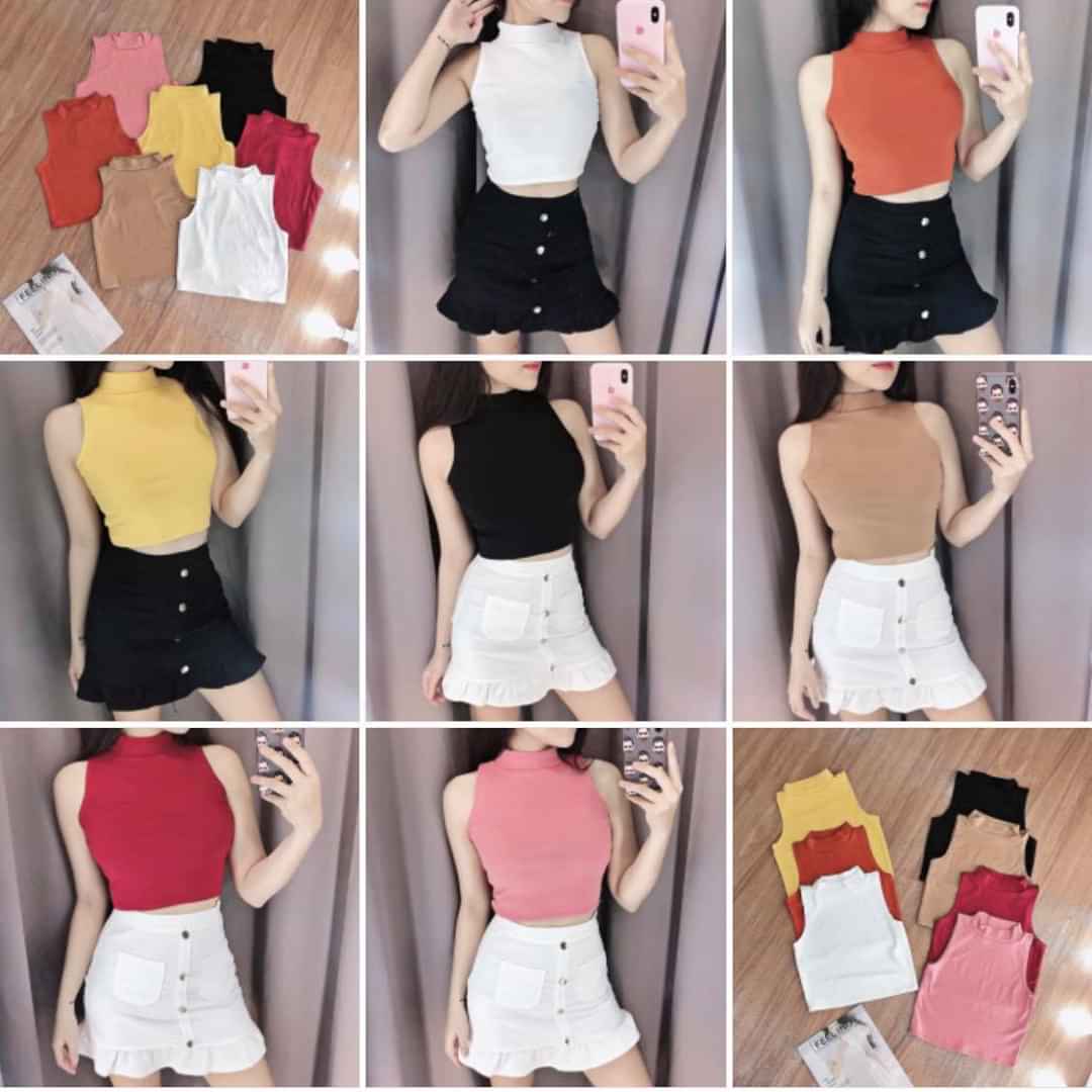 Áo thun body croptop ba lỗ ngược cổ cao