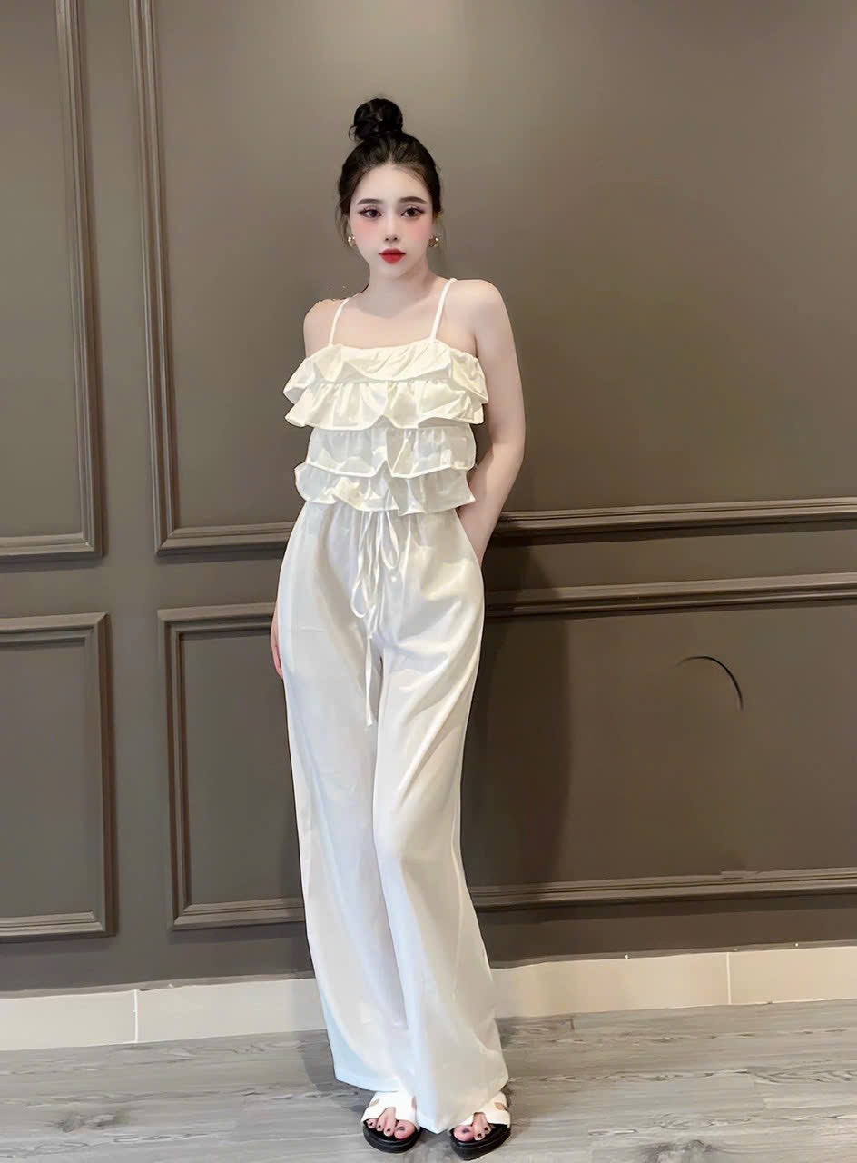 Set áo hai dây tầng bèo và quần ống rộng, đồ bộ nữ sang chảnh quần ống suông, áo kiểu bèo dễ thương