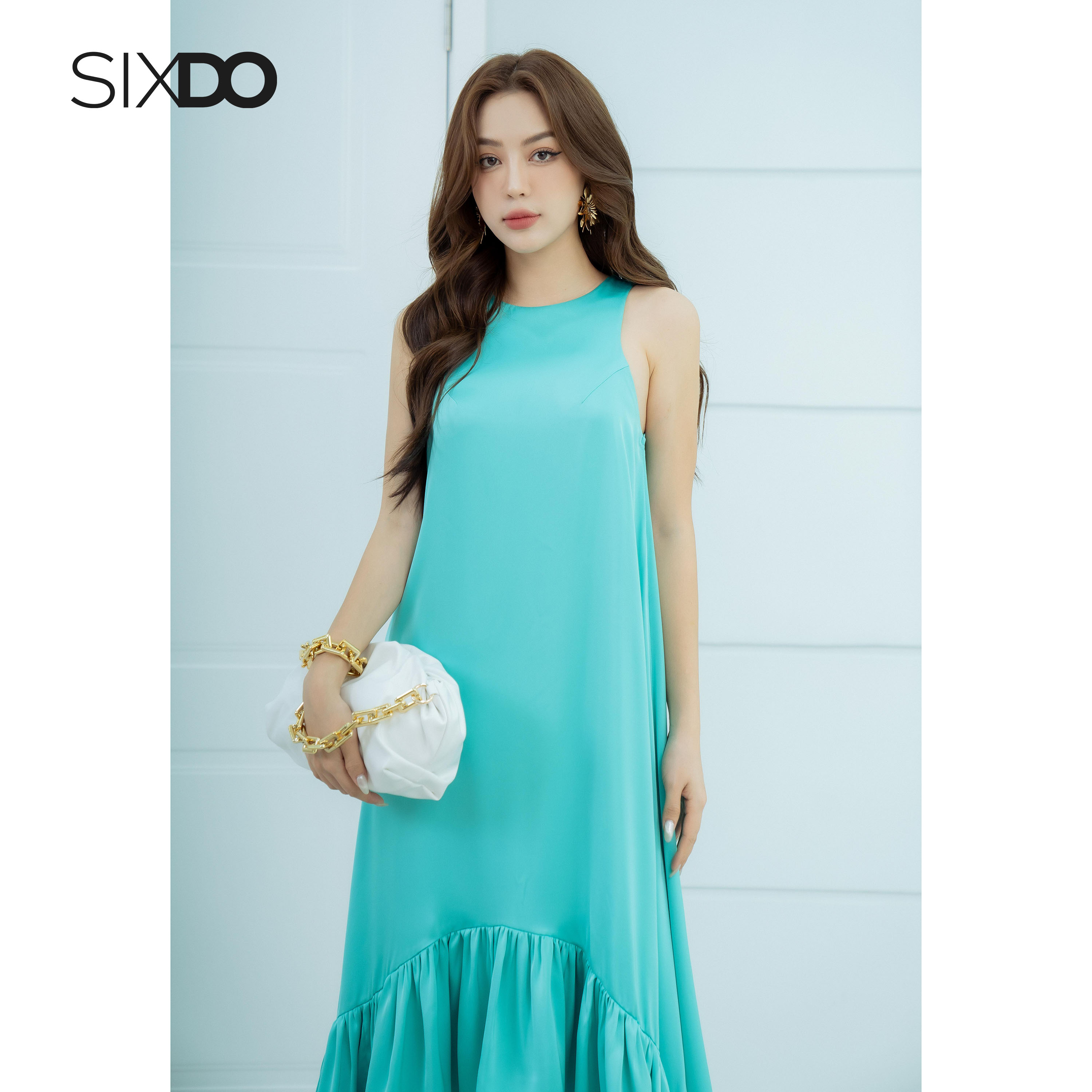 Đầm lụa xanh đuôi cá SIXDO (Turquoise Sleeveless Midi Silk Dress)