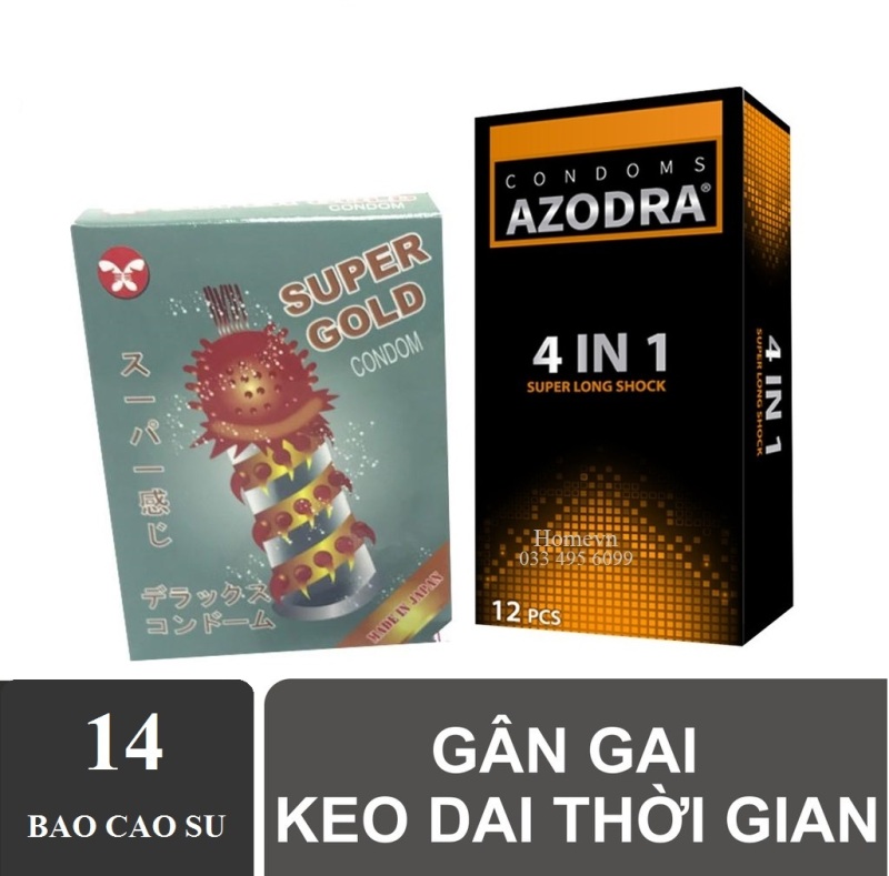 Bộ 1 hộp Bao cao su tổng hợp gân gai kéo dài thời gian Azodra 12 chiếc tặng 1 hộp bcs Gold