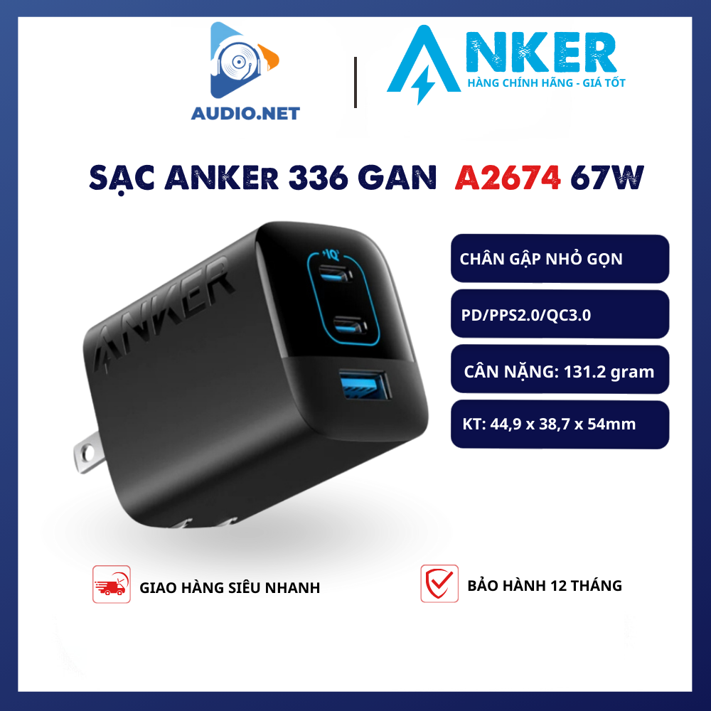 Củ sạc anker a2674 67w 3 cổng 2c+1a pd/pps/qc3.0 - bảo hành 12 tháng.