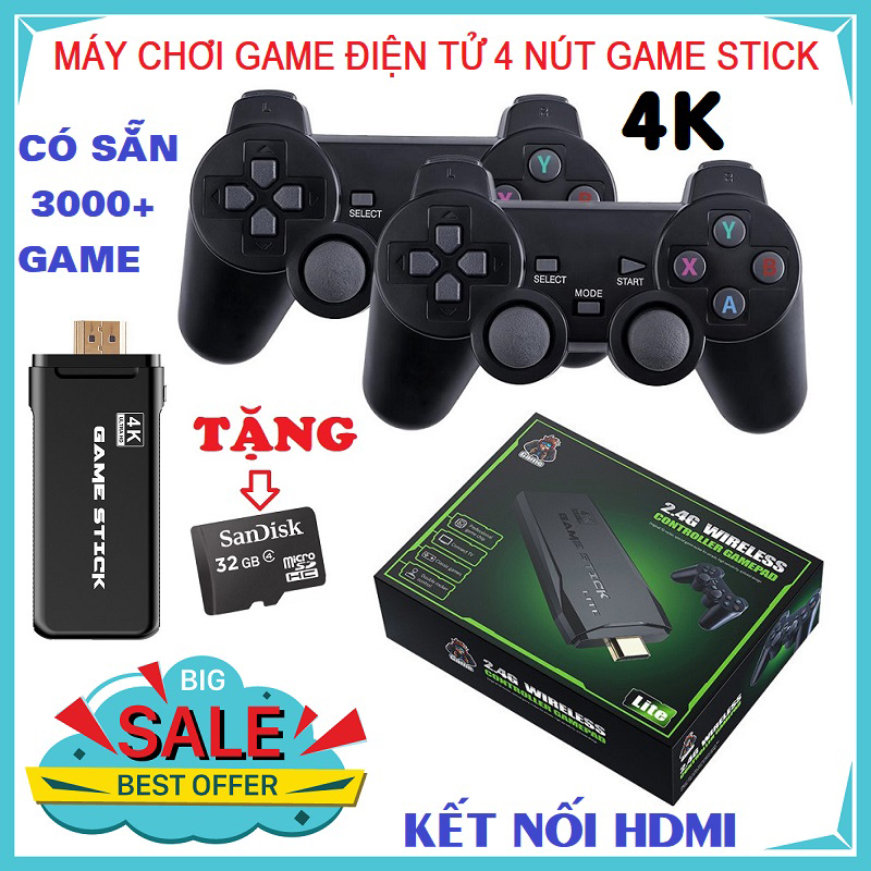 Game Stick 4k HDMI điện tử 4 nút máy chơi game cầm tay không dây，máy tính Tặng kèm thẻ nhớ TF 32GB/64Gb
