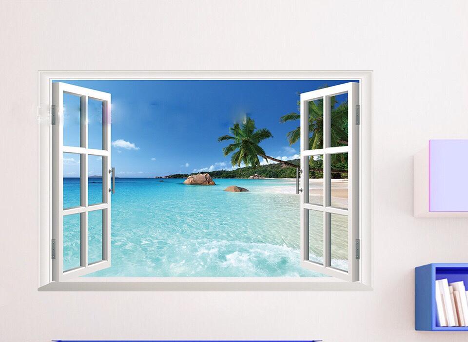 [HCM]Decal dán tường hình cửa sổ bãi biển