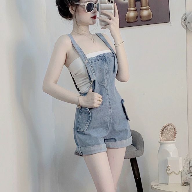 Quần yếm jean ngắn nữ (VN Xuất khẩu), phối 2 túi trước siêu thời trang PINKY79SHOP D71 mẫu mới nhất năm