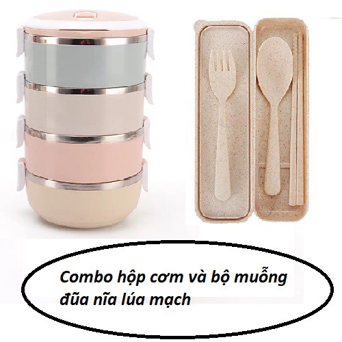 Hộp cơm 4 tầng ruột inox+ tặng kèm bộ muỗng đũa lúa mạch.