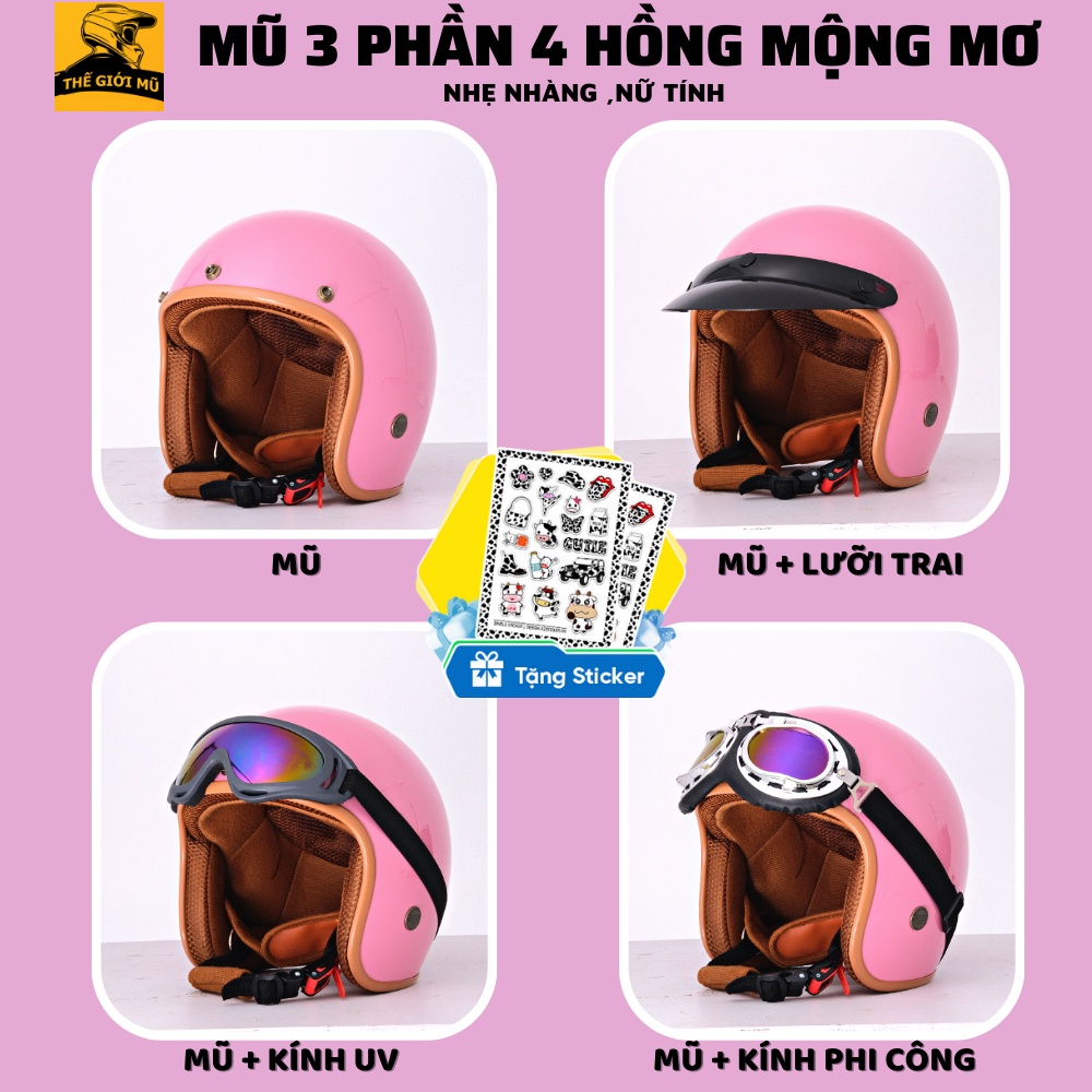 Mũ bảo hiểm 3/4 có kính phi công,uv tặng kèm sticker,nón bảo hiểm 3 4 có kính đi phượt cực chất,thế giới mũ bảo hiểm