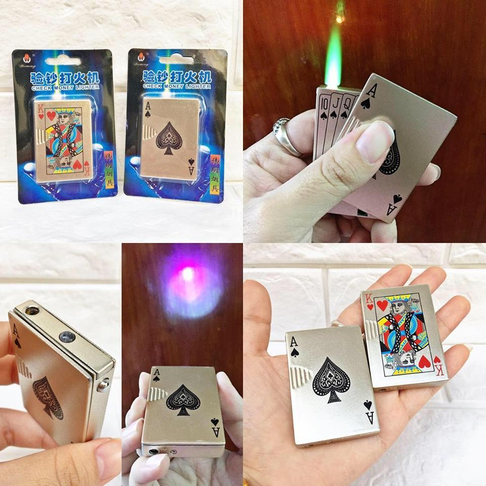 BẬT LỬA KHÒ HÌNH LÁ BÀI (CÓ ĐÈN SOI TIỀN GIẢ)