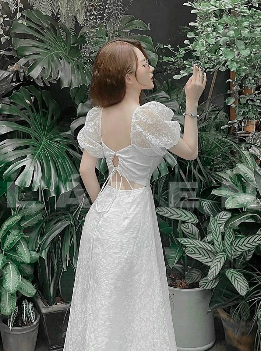 [HÀNG ĐẸP] Đầm Trắng Midi Hoa Nổi Cổ U Tay Bồng