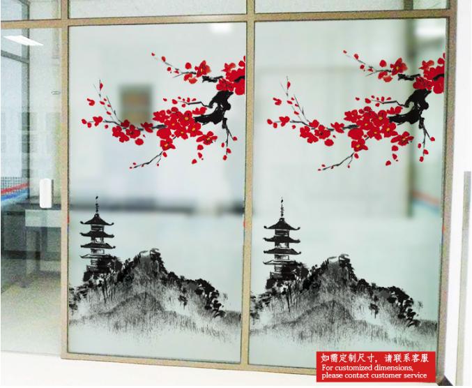 [HCM]Decal Dán Kính Cao Cấp - Tháp Núi và Cành đào đỏ( 60 X116 )-DK1057