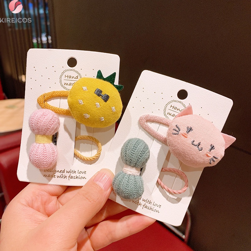 Set 2 Kẹp Tóc Cột Tóc Hình Thú Dễ Thường Và Nơ Len