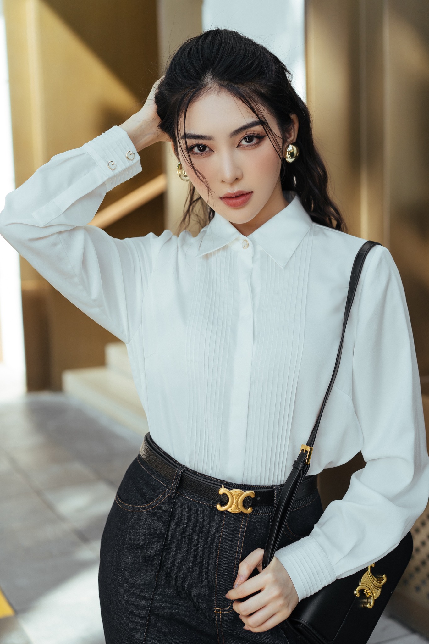 HUONG BOUTIQUE Áo lụa satin cổ đức mí gân HBSM1017