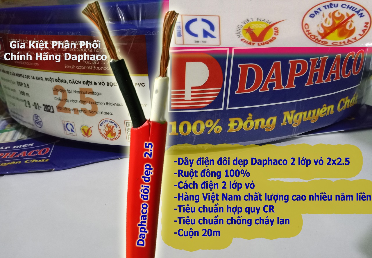 dây điện đôi dẹp 2 lớp vỏ Daphaco 2.5 cuộn 20m