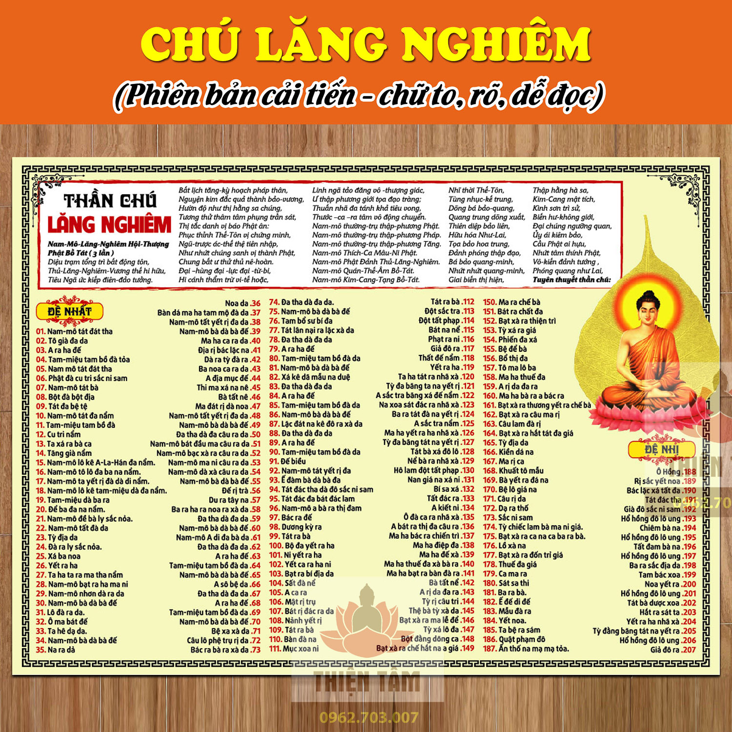 Chú Lăng Nghiêm khổ lớn A3 chất liệu giấy couche 200 dai và dày, in 2 mặt + cán màng ni lông 2 mặt