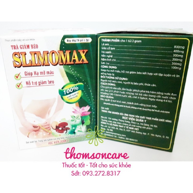 Slimomax trà giảm cân - chính hãng Học viện quân y, sản phẩm có nguồn gốc xuất xứ rõ ràng, sử dụng dễ dàng, cam kết hàng nhận được giống với mô tả nhập khẩu