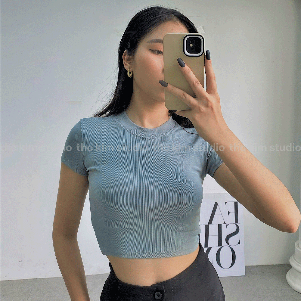 THE KIM A166 Áo thun croptop tay ngắn cổ tròn, áo baby tee thun tăm trơn