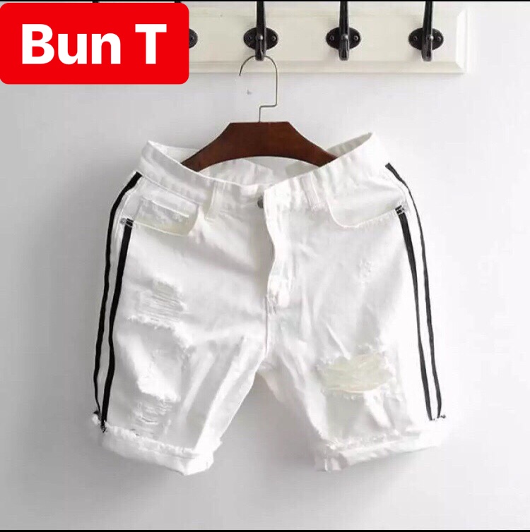 QUẦN SHORT SỌT LỬNG JEAN NAM CHẤT BÒ TRẮNG ĐEN 2 SỌC WASH RÁCH , CO GIÃN NHẸ THÁI LAN TRANG BUN FASHION