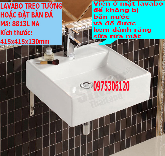 Chậu rửa mặt lavabo TREO TƯỜNG HAY ĐẶT BÀN ĐÁ 8813L, men NANO trắng sáng chống ố chống bám bẩn có ốc vít đầy đủ