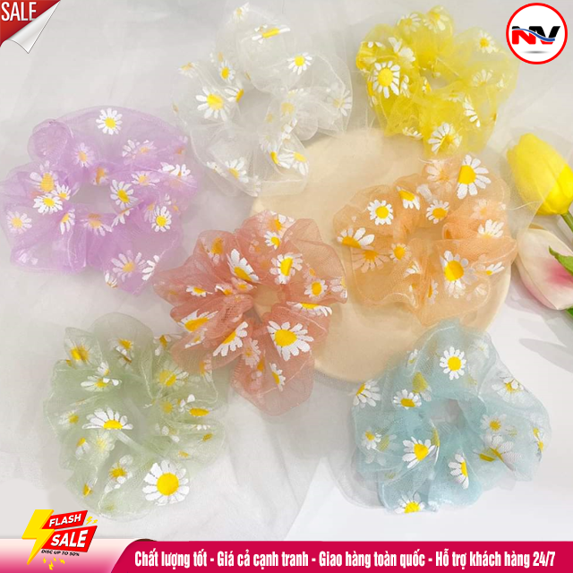 Dây Buộc Tóc Vải Lưới In Hoa Cúc Nữ Tính