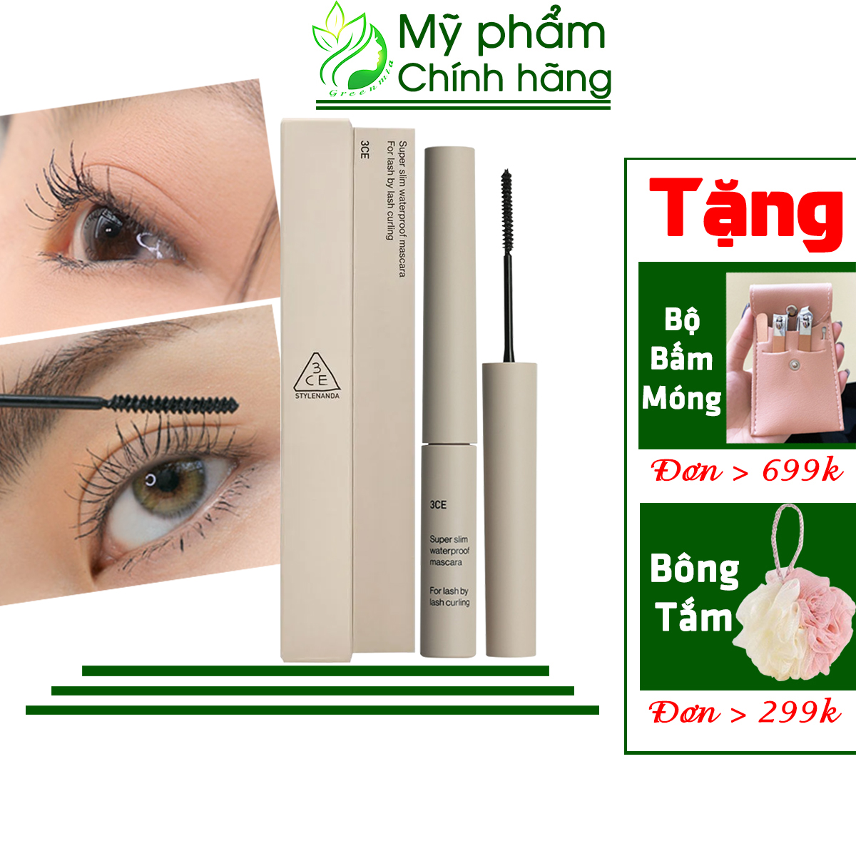 Mascara chuốt mi 3ce slim fix waterproof 6.5g và super slim 3g cực cong tơi mi chống nước