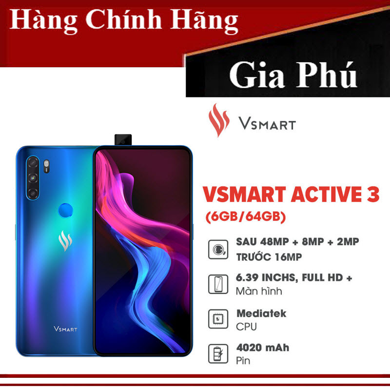 Điện Thoại Vsmart Active 3  Màn hình tràn viền 6,39" Full HD+ Pin 4,020 mAH Bộ 4 Camera AI 48MP Chip Mediatek Helio P60 8 nhân mạnh mẽ