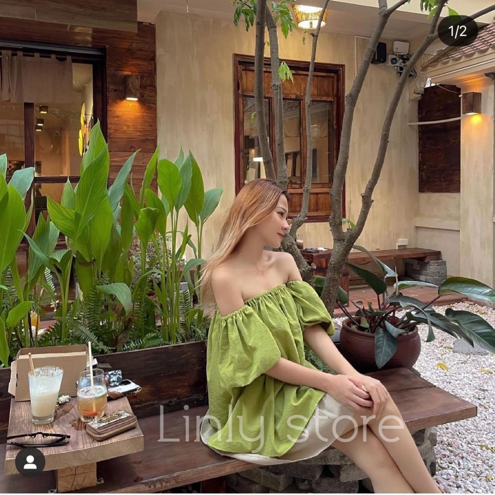 Áo trễ vai tay bồng chất đũi mát Linly Store