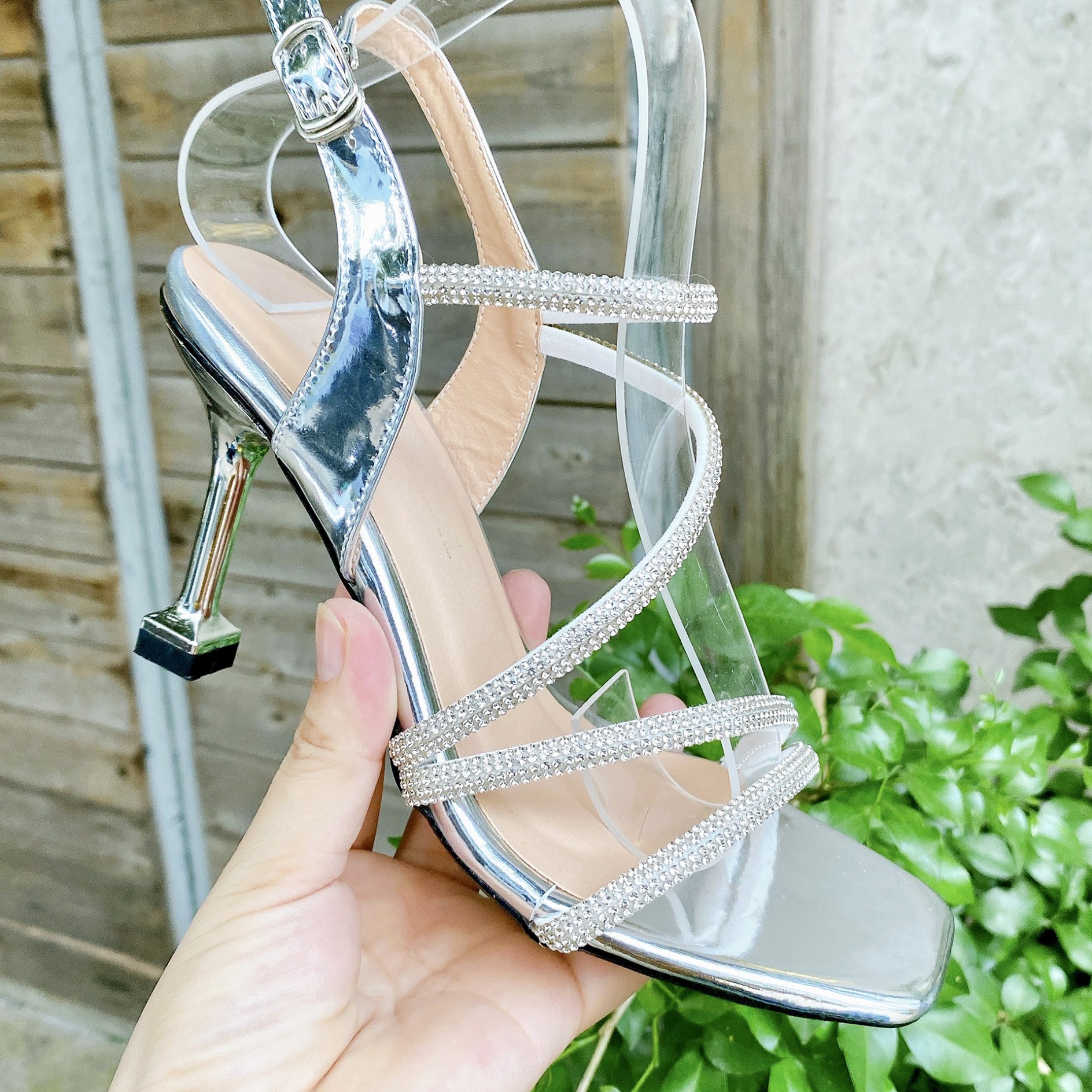 giày cao gót nữ sandal 4 dây đá 8 phân (BẠC)