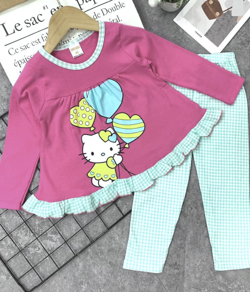 (11-45KG) Đồ bộ tay dài quần dài bé gái thun borip phối màu áo và quần hình in sắc nét không bong tróc 218