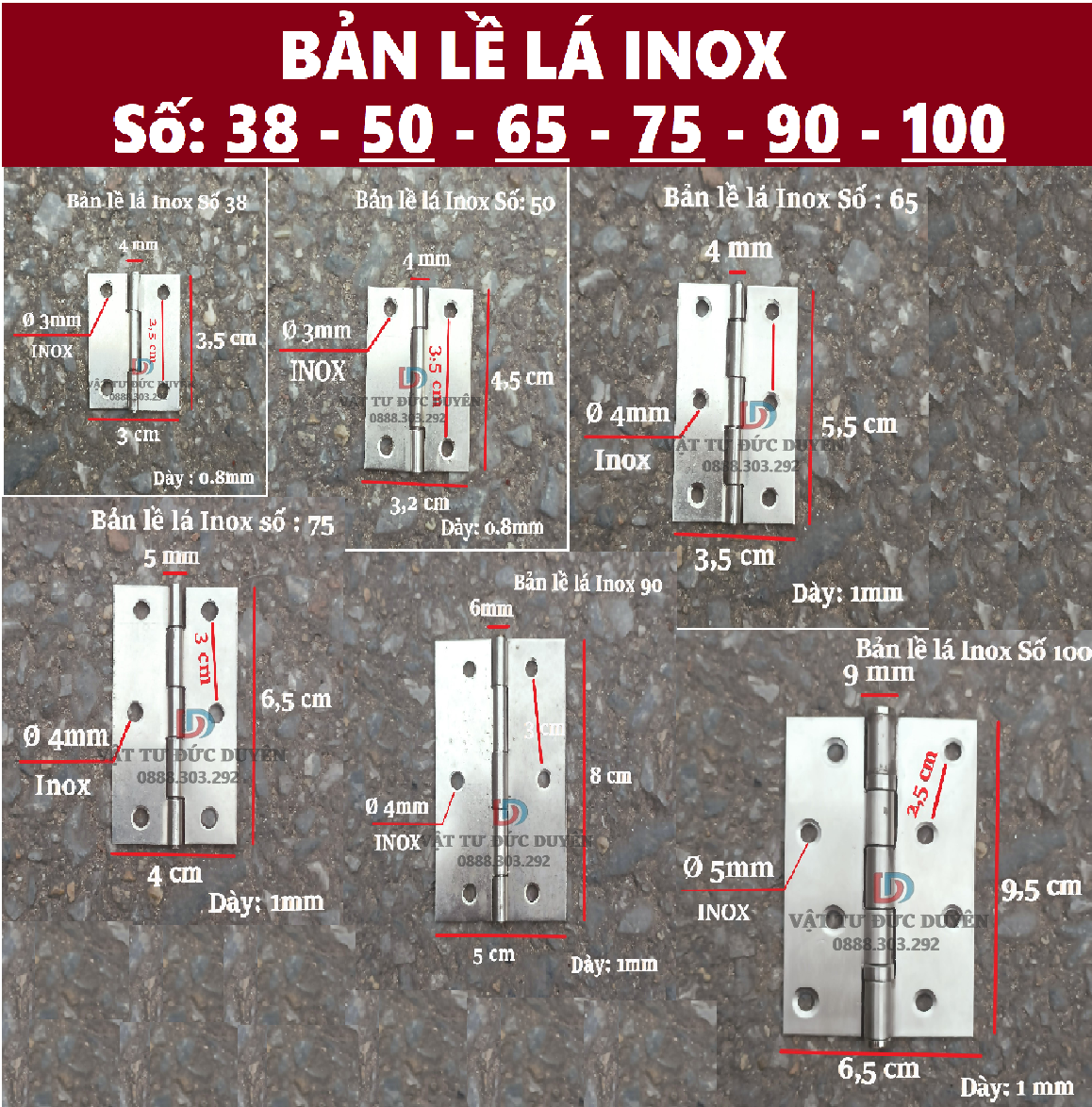 Bản Lề Lá Inox 304 Đa Năng | Kích Cỡ 38, 50, 65, 75, 90, 100mm | Tăng Độ Bền Cho Cửa (Đủ size)