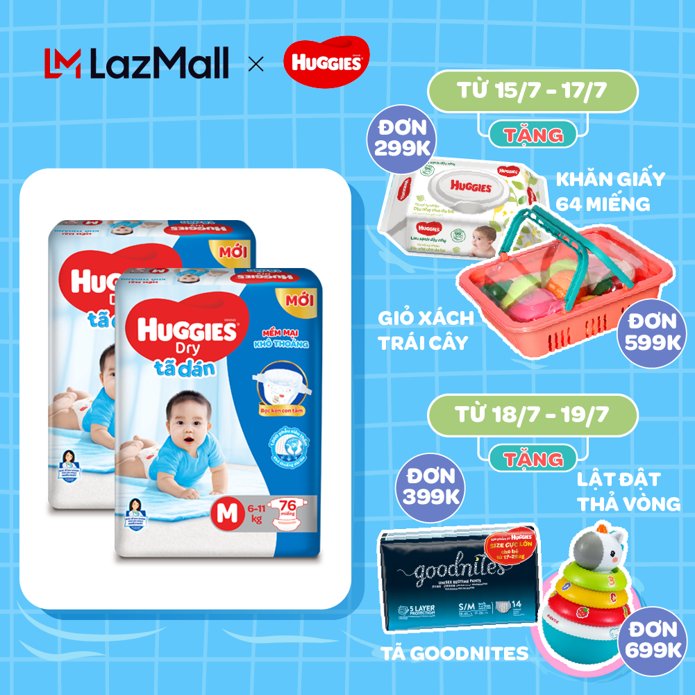 Tã/bỉm dán Huggies dry super jumbo M76 (Bọc kén con tằm)-Gói 76 miếng (Cho bé từ 6-11kg)