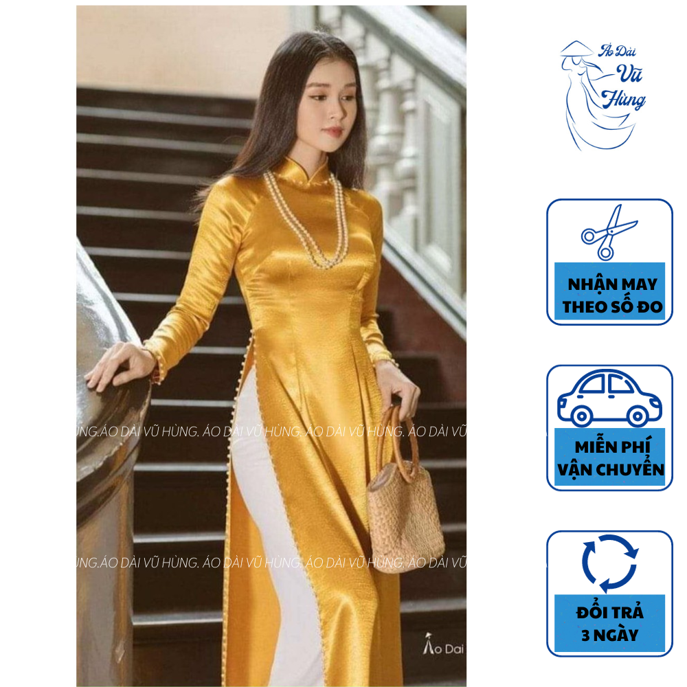 (Xả kho) Áo dài lụa tằm ý họa tiết vân gỗ màu vàng đồng, áo dài lụa co dãn