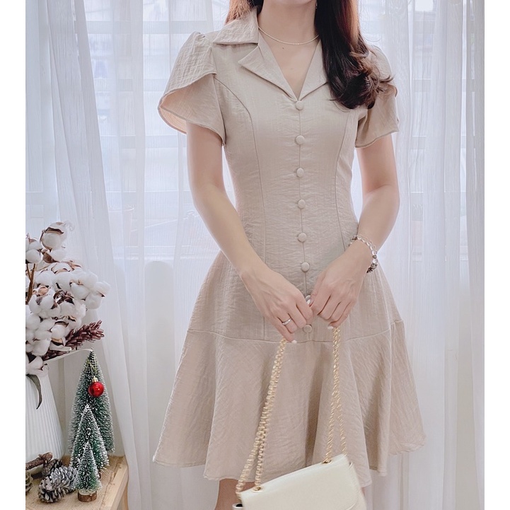 Đầm cổ vest nút bọc dáng đuôi cá 5 màu đen - trắng - nâu - xanh - vàng