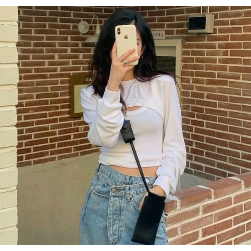SET ÁO CROPTOP TAY DÀI CUT OUT NGỰC