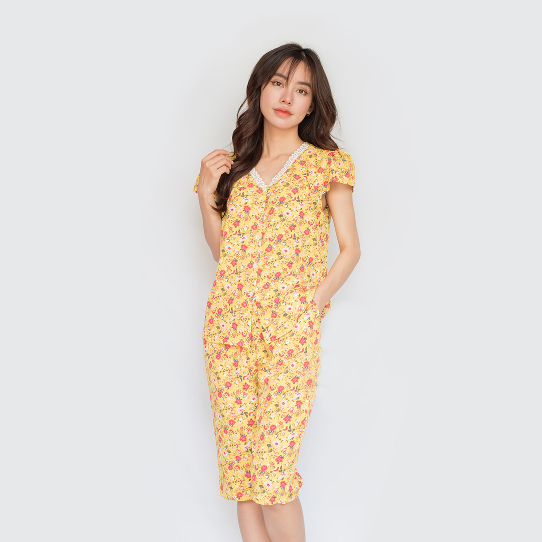 Đồ ngủ nữ lụa lửng cộc tay ren cổ hoa nhí siêu dễ thương