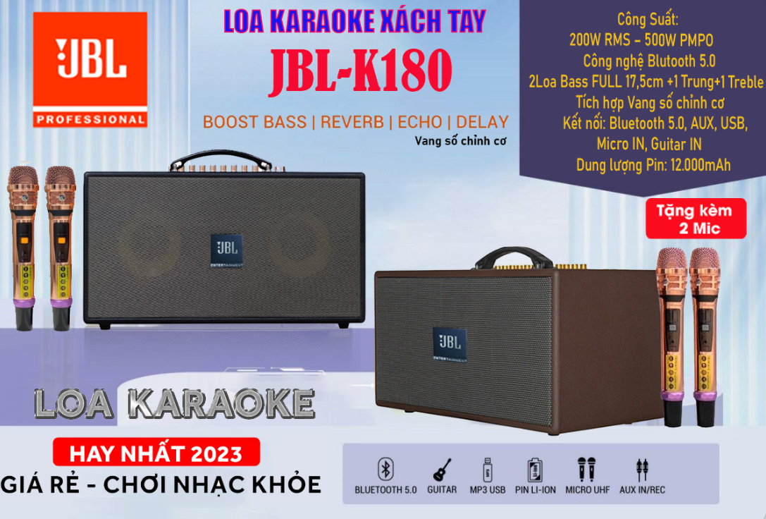 Loa Xách Tay Công Suất Lớn Karaoke Di Động JBLK180 Công Suất Âm Thanh Lớn Bass Mạnh Mẽ Và Treble Sáng Tích Hợp Echo Delay Rever Xử Lý Âm Thanh Mic Hát To Rõ Ràng Chống Hú Rít BH 12 THÁNG