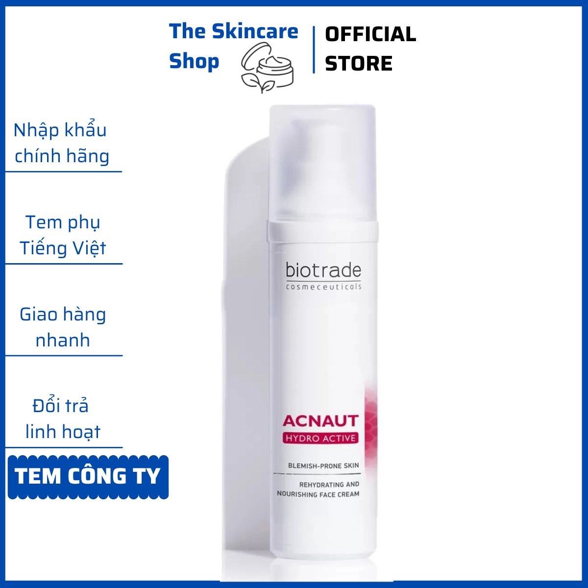 Kem dưỡng ẩm BIOTRADE Acnaut Hydro Active Cream cho da hỗn hợp, da dầu mụn, da sau các treatment gây khô da 60ml