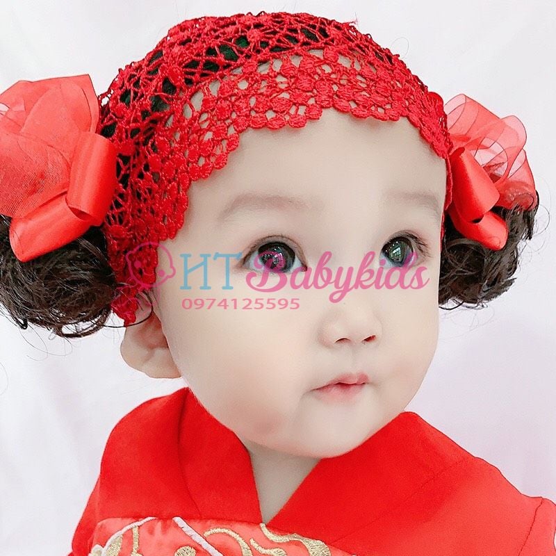 Băng Đô Tóc Giả Nơ Đỏ Cho Bé Diện Tết