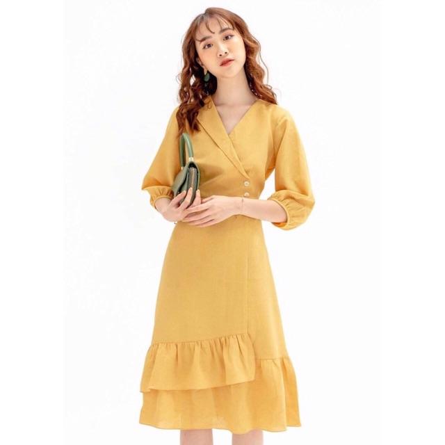 [HCM]Đầm vàng tầng tùng nhúng bèo (kèm hình thật) - Đầm nữ dự tiệc dạo phố dễ thương