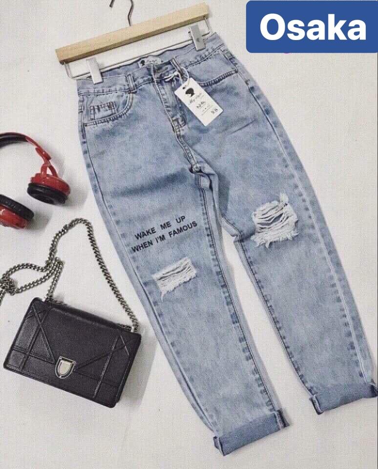 QUẦN JEAN BAGGY NỮ CHẤT BÒ XANH RÁCH IN CHỮ LƯNG CAO NÂNG MÔNG TAKAKESI OK-3051 OSAKA FASHION