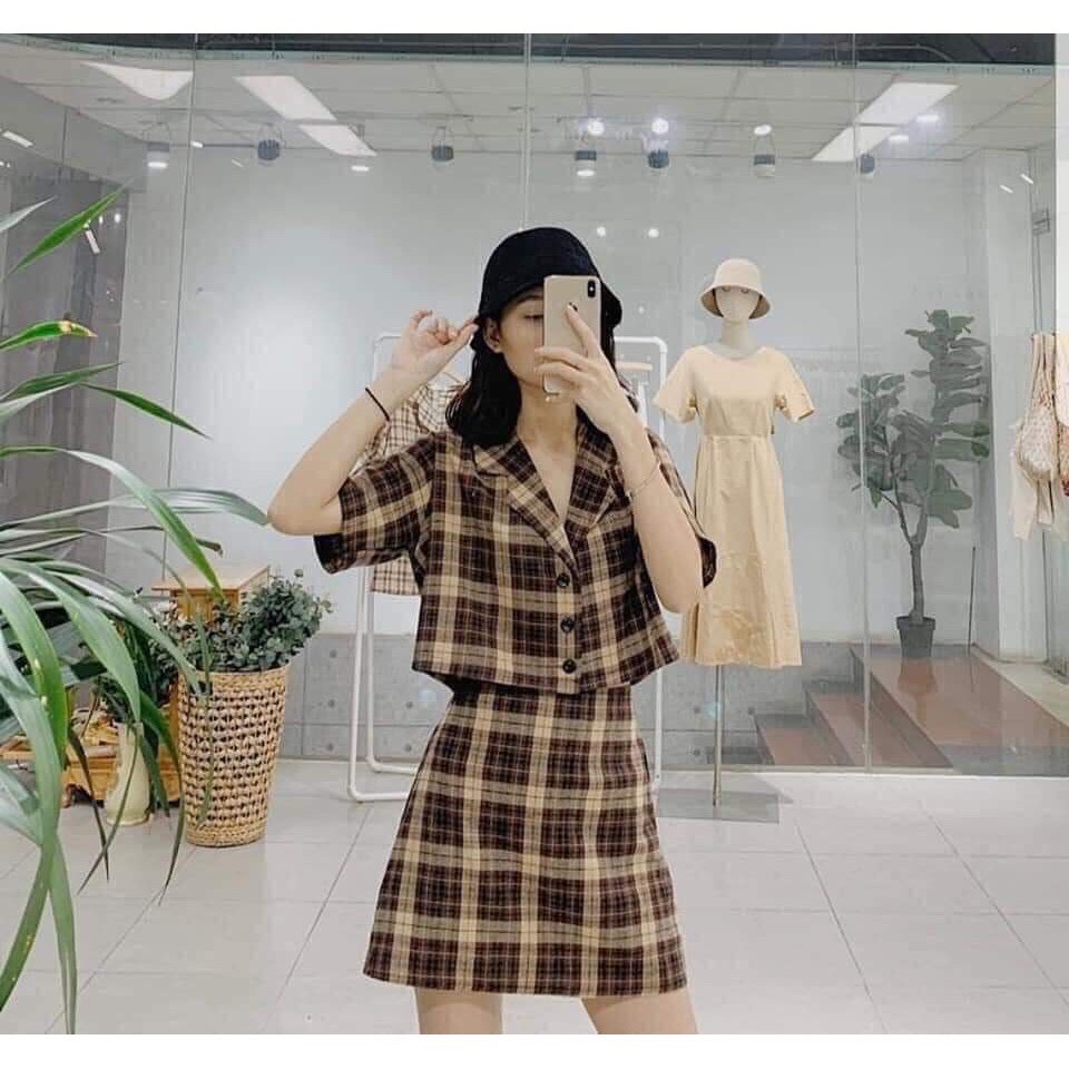 Set Váy Kẻ Caro Set Đồ Nữ Cổ Vest Đơn Giản Dễ Mặc