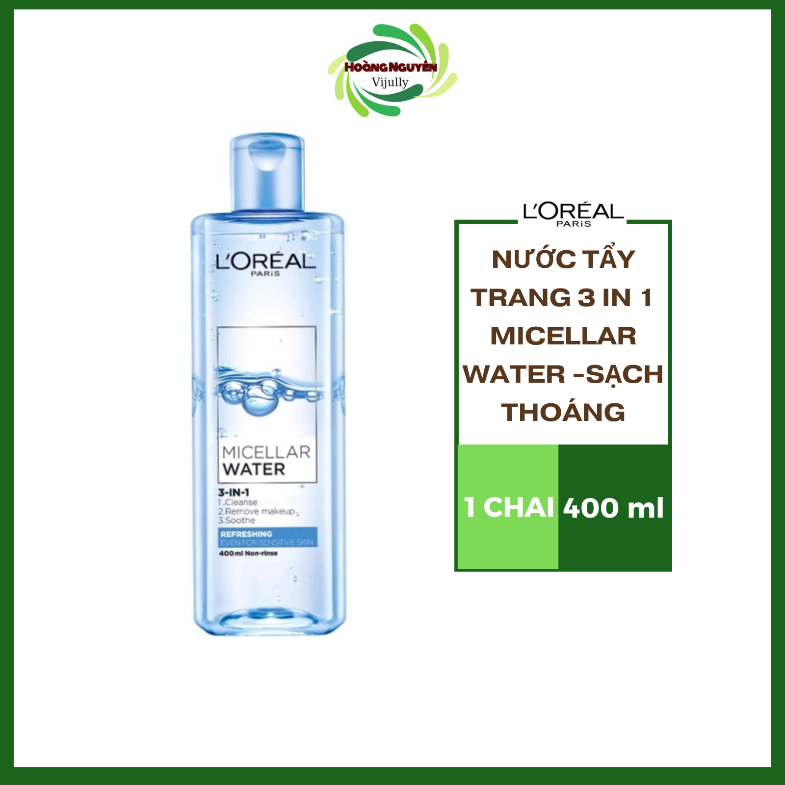 Nước tẩy trang tươi mát L'Oreal Paris Micellar Water 400ml (xanh nhạt)