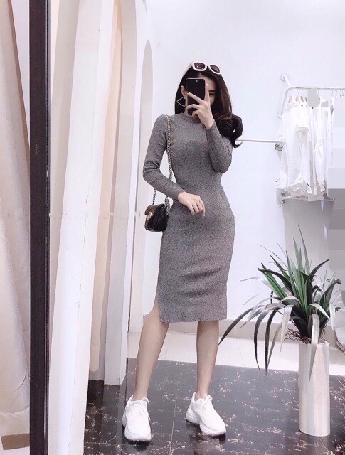 Váy body cổ tròn xẻ 2 bên chất len mềm