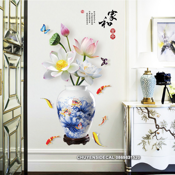 [HCM]Decal trang trí tường - Chậu Hoa Sen Trắng 3D cao cấp