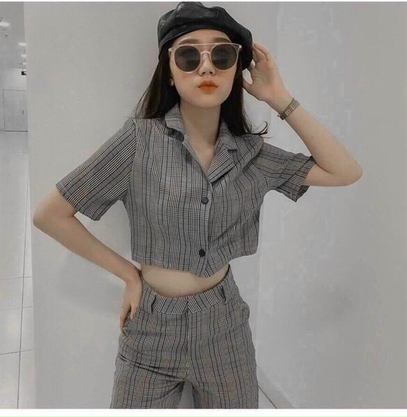 Set bộ vest xám caro trẻ trung năng động