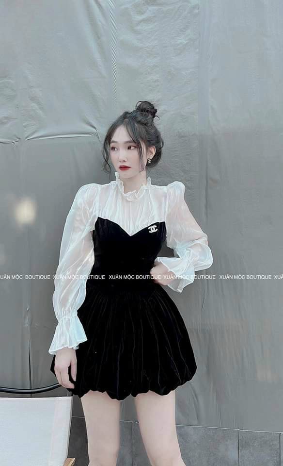 Đầm nhung dáng ngắn tay voan sang chảnh dễ thương
