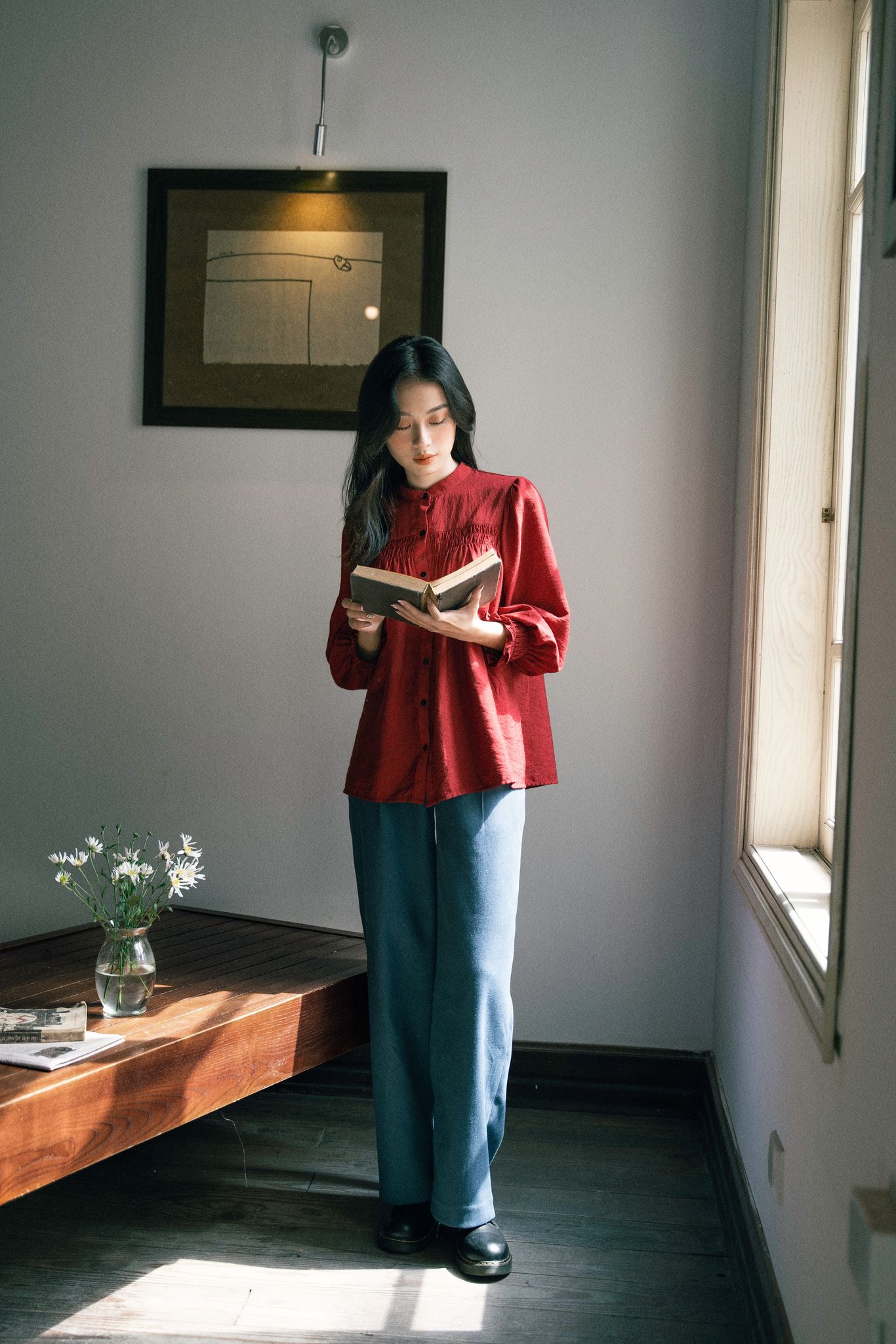 Áo Cổ Tàu Tay Nhún Đỏ Madelen