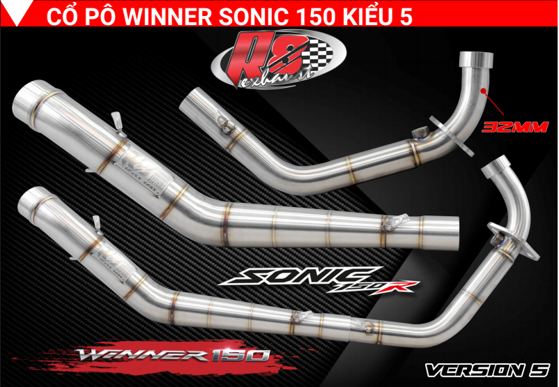 cổ pô inox r8 cho winner - sonic 150 kiểu 5