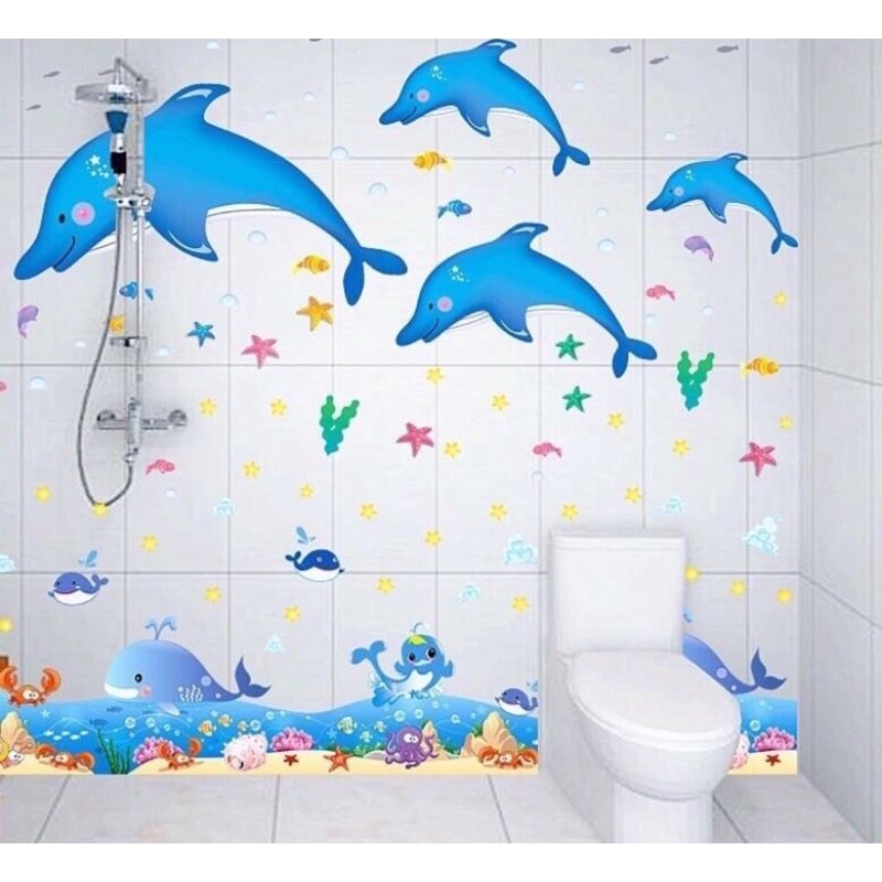 decal dán tường đàn cá heo và chân tường cá heo